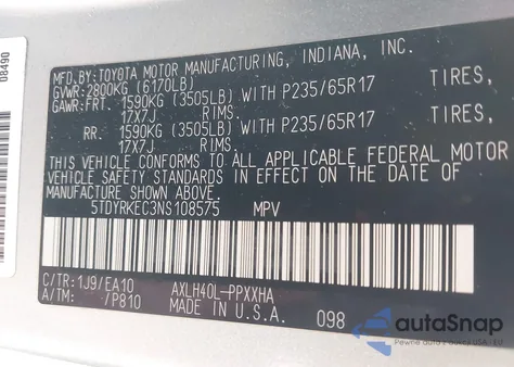 2022 Toyota Sienna Xle z USA, uszkodzony, nr VIN 5TDYRKEC3NS108575